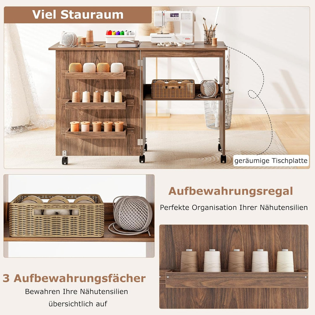 GIANTEX Nähtisch klappbar, Nähmaschinentisch auf Rollen, Nähtisch für Nähmaschine, Nähschrank Holz,
