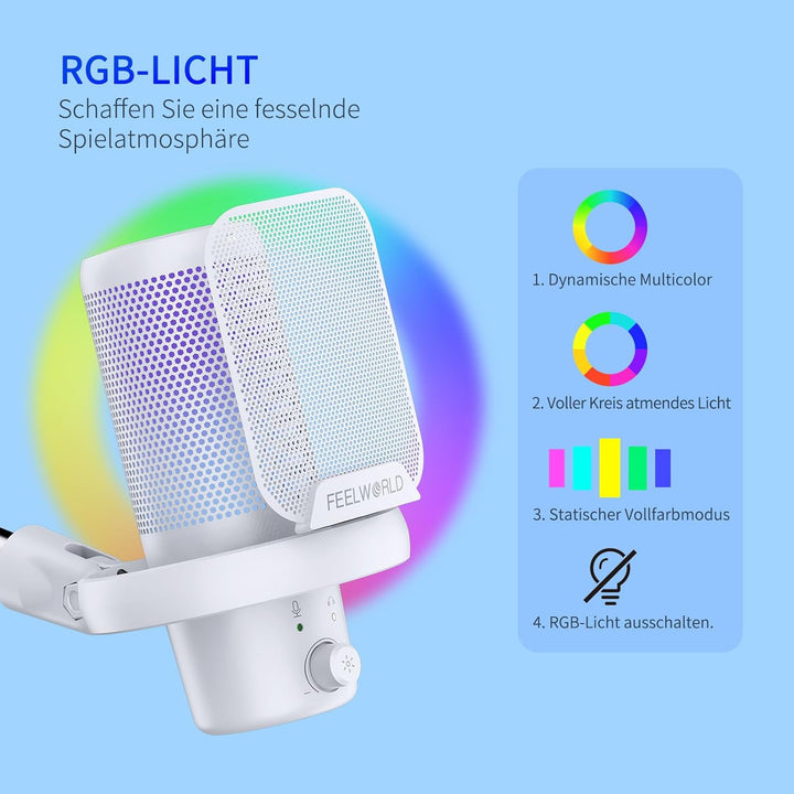 FEELWORLD VM1 USB-Gaming-Mikrofon mit Kragarmständer für die Aufnahme von Podcasts, Videospielen, St