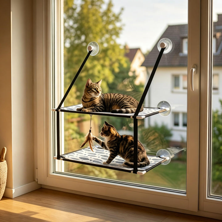 Katzen Fensterliege für Katzen,Katzenbett Fensterbank Doppelte Hängematte Fenster mit 6 stabilen Sau