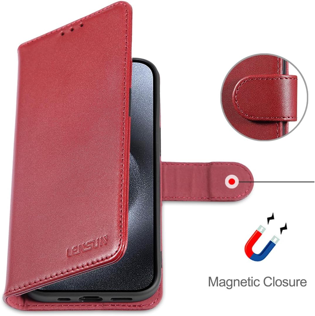LENSUN Echtleder Hülle für iPhone 15 Pro, Handyhülle [Echtes Leder][Magnetverschluss][RFID Schutz] H
