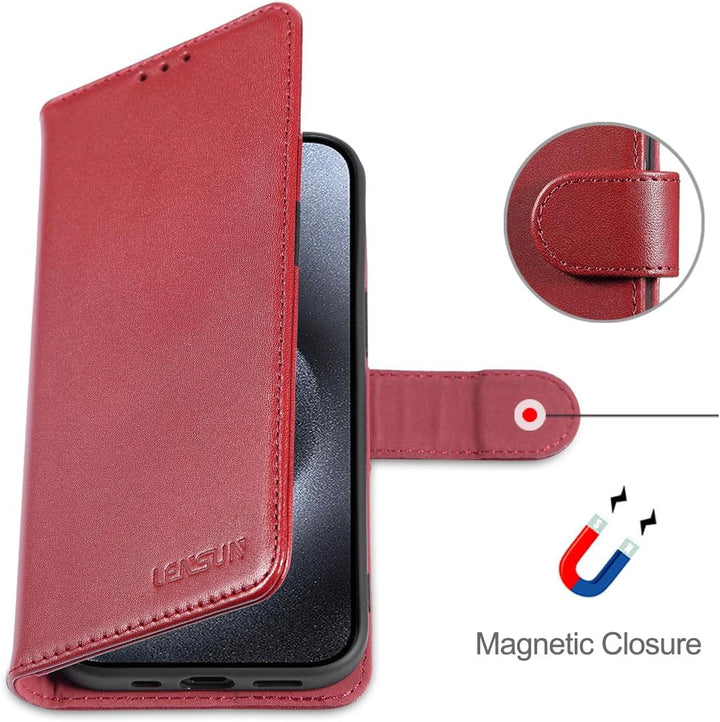 LENSUN Echtleder Hülle für iPhone 15 Pro, Handyhülle [Echtes Leder][Magnetverschluss][RFID Schutz] H
