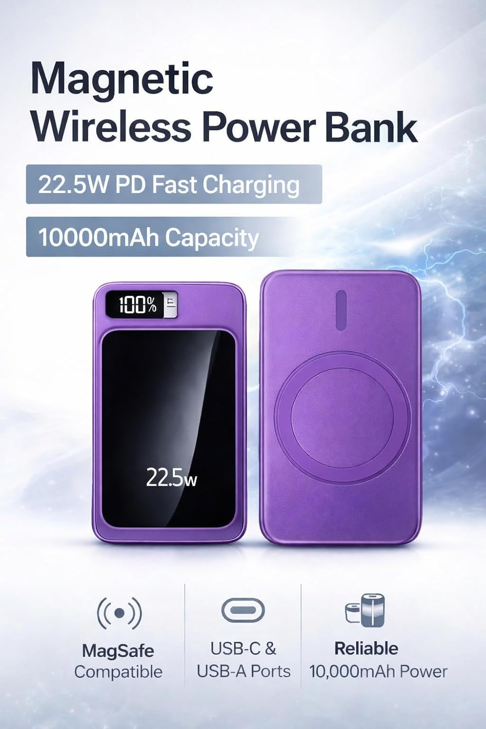 Magnetische Powerbank 10000mAh Mini 22.5W PD Schnellladen mit LED Display – kompatibel mit Samsung,