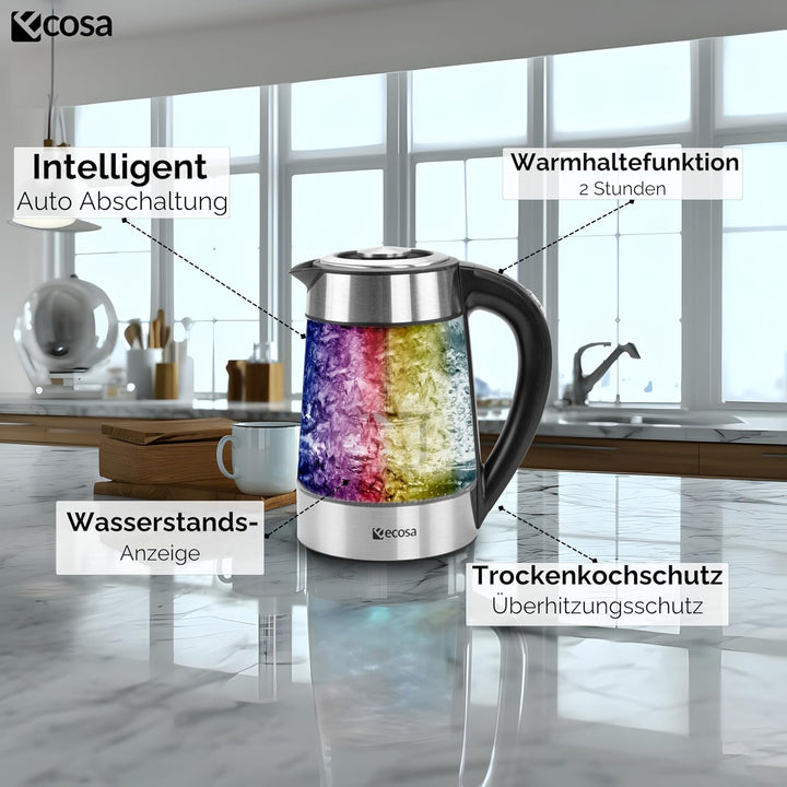 Ecosa® Glas Wasserkocher mit Teesieb und Temperatureinstellung Edelstahl – Teekocher Glas Edelstahl