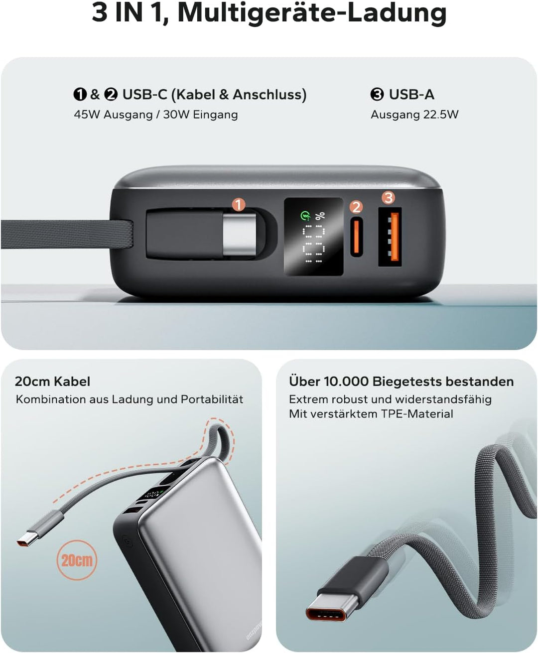 Powerbank 20,000mAh 45W Schnellladefunktion, Power Bank integriertes USB C Kabel Flugzeug Geeignet,