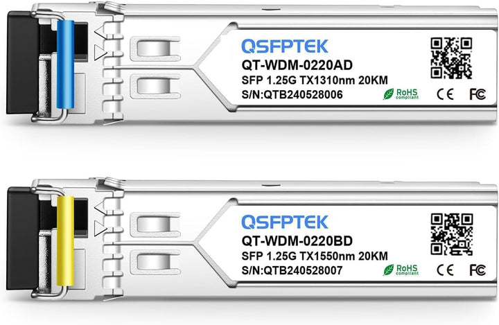 QSFPTEK 1.25G BIDI WDM SFP Module, 1000Base-BIDI Transceiver 20km Simplex LC Port, Tx1310/Rx1550nm T