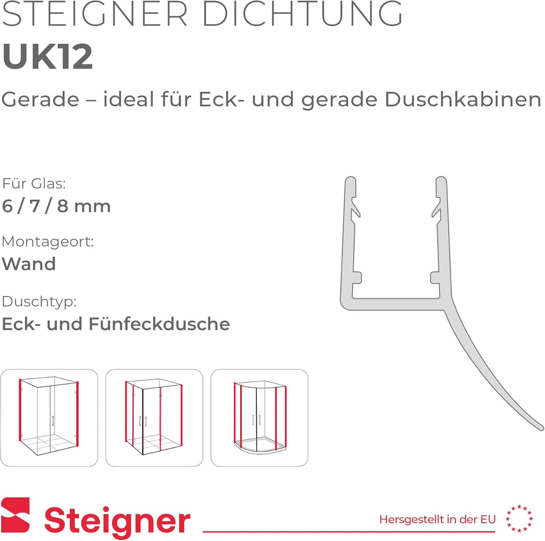 STEIGNER Duschdichtung, 140cm, Glasstärke 6/7/ 8 mm, Gerade PVC Ersatzdichtung für Dusche, UK12 Vorg