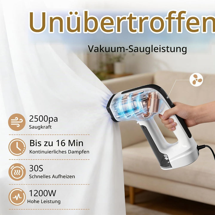 Vakuum Steamer Dampfglätter,Keramik-Bügelsohle, 3 Modi &amp; 2500 Pa Saugleistung,160 ml abnehmbarer Tan