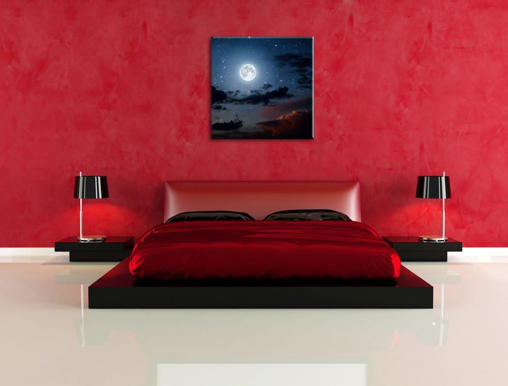Pixxprint Leuchtender Mond am Nachthimmel, Format: 70x70 auf Leinwand, 70x70
