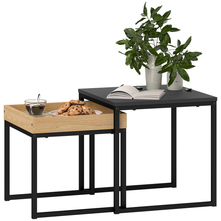HOMCOM Couchtisch 2er Set Satztisch Quadratischer Beistelltisch mit Abnehmbarem Tablett, Stahlgestel