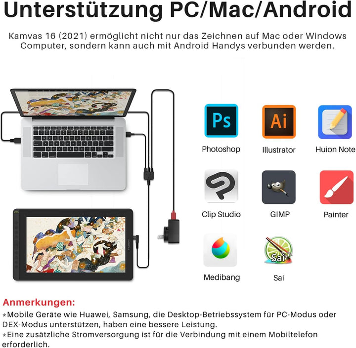 HUION Kamvas 16 Grafiktablett mit Display, 15,6 Zoll，8192 Stufen Batterieloser Stift, 10 Tasten Zeic