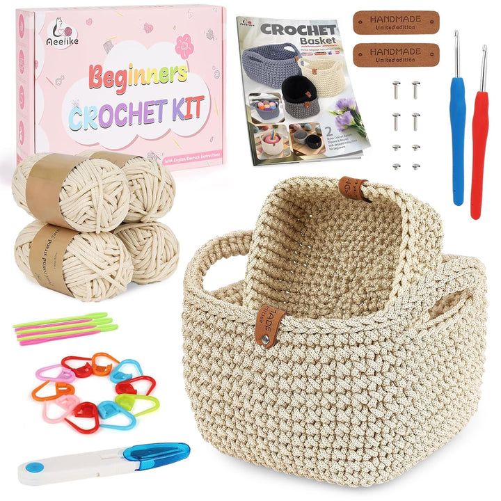 Chingcoo Häkelset für Anfänger mit 2 Häkelkörben - Crochet Kit mit 4 Häkelgarn Häkelnadeln Häkelzube