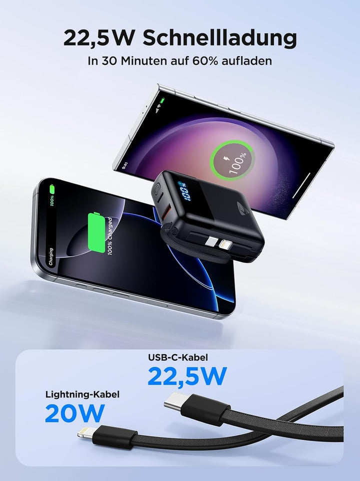 Aioneus Mini PowerBank, 10000mAh Power Bank mit Integriertem USB-C & Lightning Kabel, Minigrösse Ext