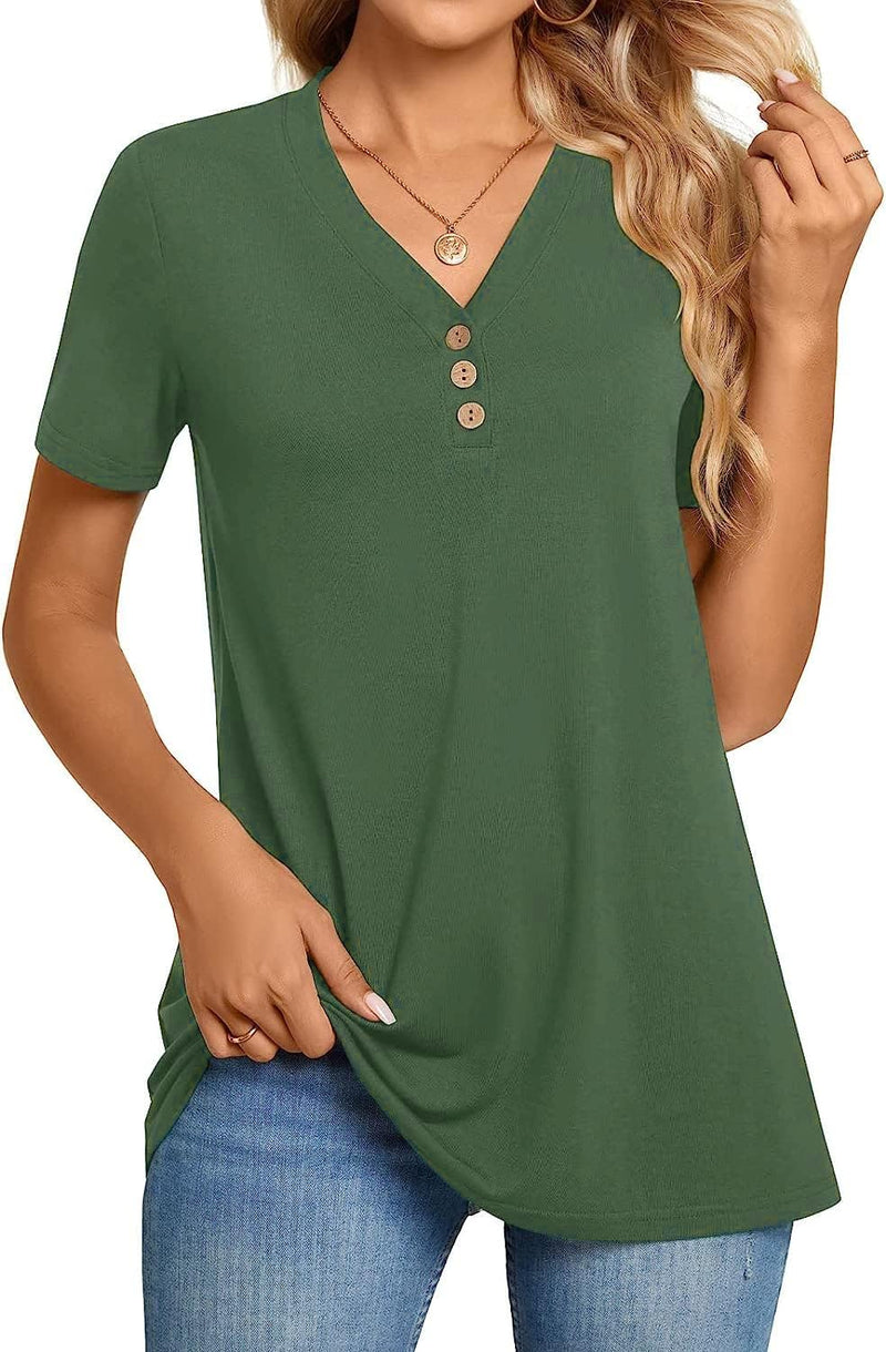 Ranphee Damen Tunika Kurze Ärmel Locker Blusen Sitzende Oberteile Tuniken Casual Tops L Militärgrün,