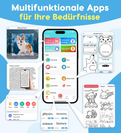 Korffe Mini Drucker für Smartphone with 7 Rollen Druckerpapier, Wireless Sticker Drucker Kompatibel