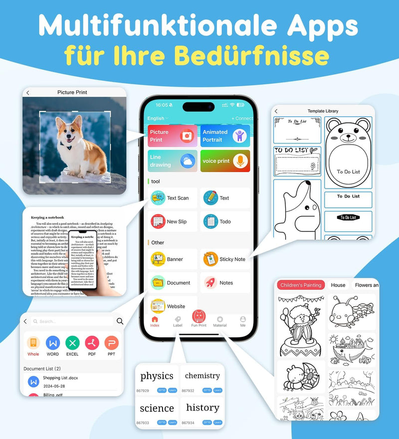 Korffe Mini Drucker für Smartphone with 7 Rollen Druckerpapier, Wireless Sticker Drucker Kompatibel