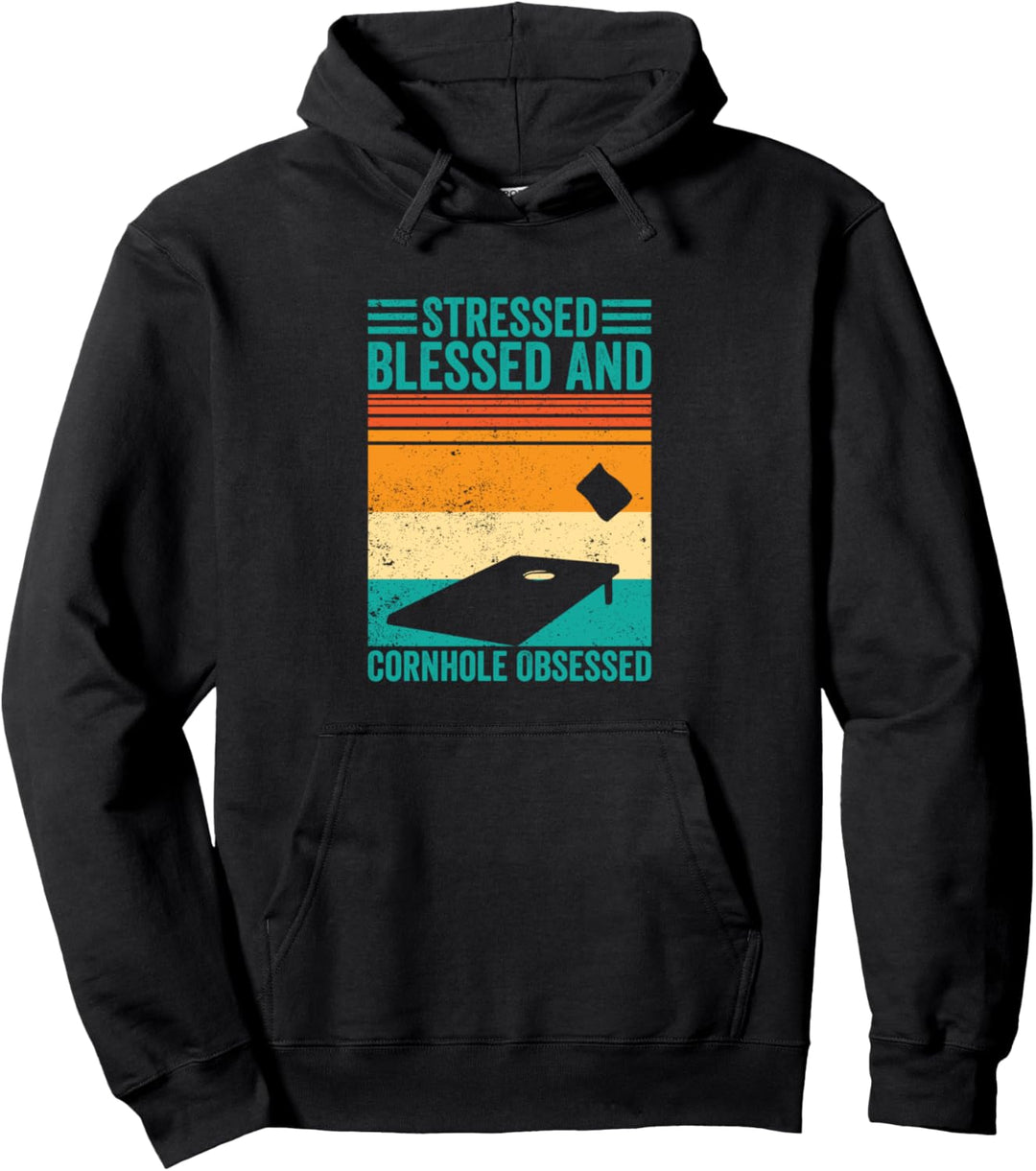 Cornhole Corn Hole Retro Stressed Blessed Cornhole Obsessed Pullover Hoodie