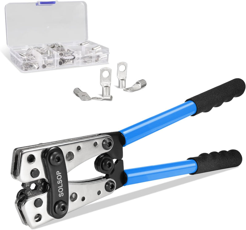 Solsop Batteriekabel-Crimpwerkzeug-Set von AWG 1/0–8 mit 60 Kupferringklemmen, 8 Grössen, Batterieka