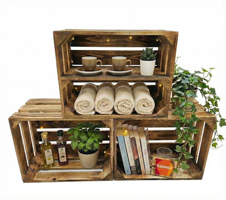 Teramico Vintage Holzkisten 40 x 30 x 25cm geflammt | Weinkisten &amp; Obstkisten | Set-Angebote (3er Se