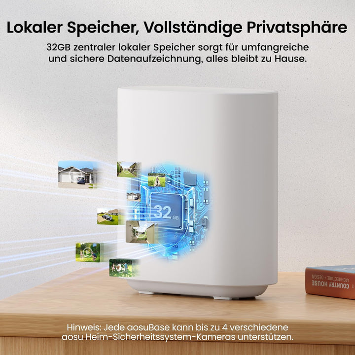 aosu 2K Überwachungskamera Aussen Solar Akku, 4 Cam-Kit & aosuBase, Keine Gebühren, 360° Panorama Ka