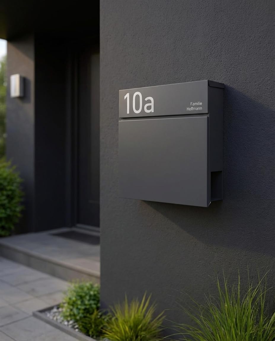 Radius® Designer Briefkasten Edelstahl - Hausnummer & Briefkasten Namensschild personalisiert mit La