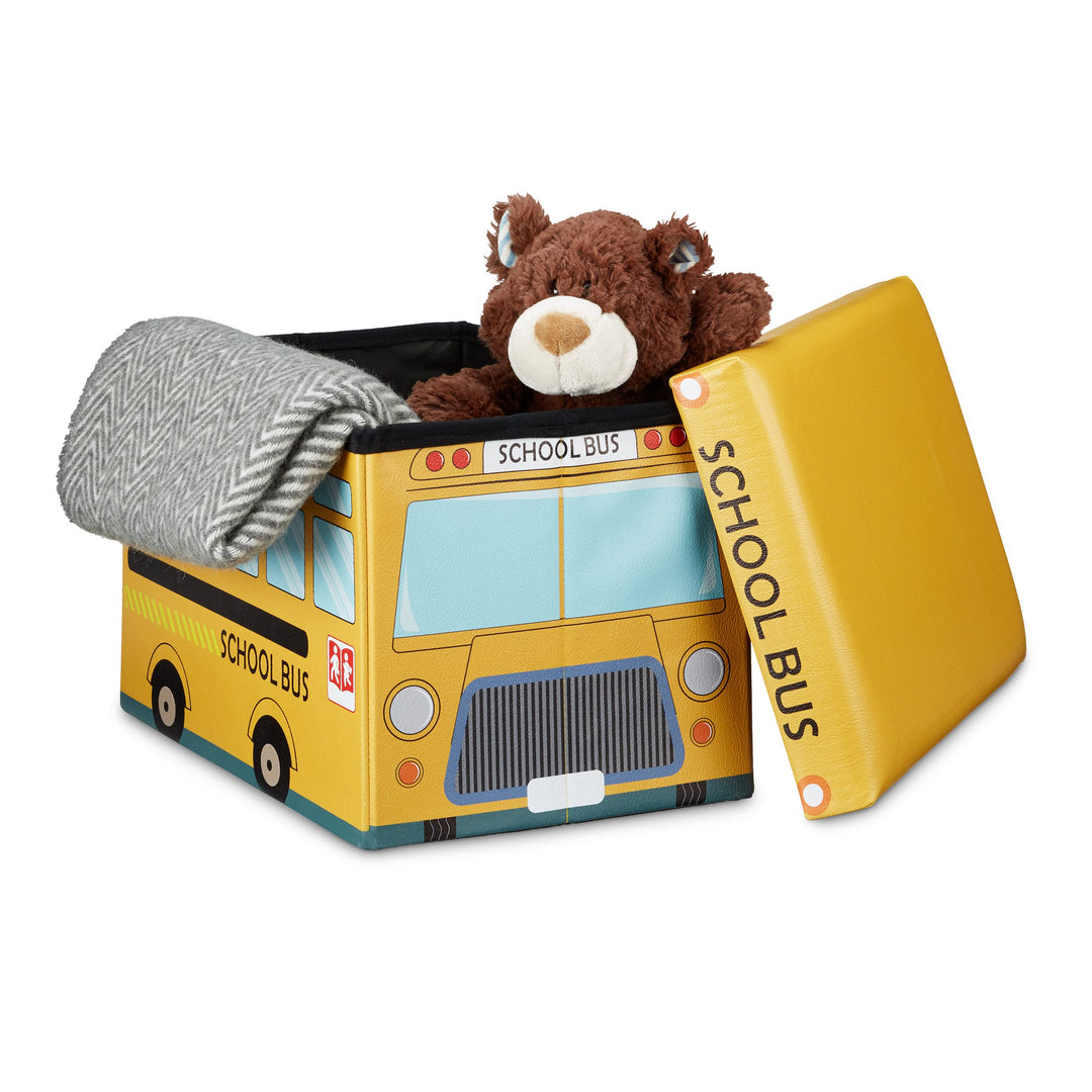 Relaxdays Faltbare Spielzeugkiste Schulbus HBT 32 x 48 x 32 cm stabiler Kinder Sitzhocker als Spielz
