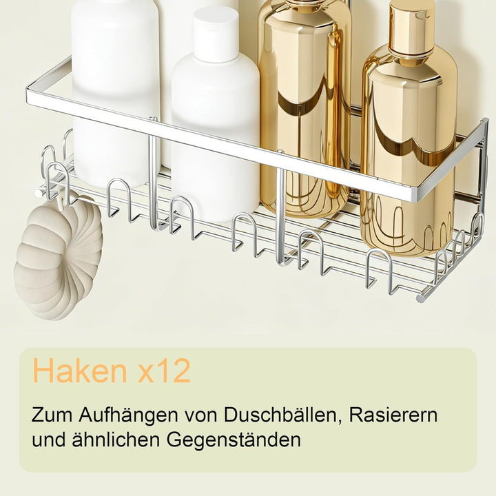 Duschablage Ohne Bohren, Duschablage Zum Hängen, shampoo halterung für dusche mit 12 Haken Silber-hä