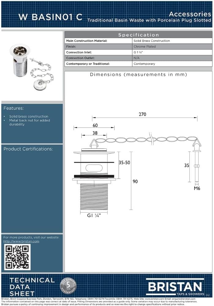 Bristan wbasin01 C Traditionelle Ablaufgarnitur mit Porzellan Stecker für Becken mit Überlauf Chrome