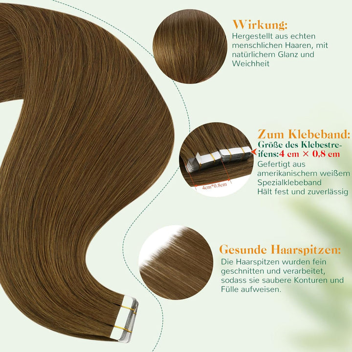 Easyouth Tape in Extension Echthaar Braun Skin Weft Tape on Haar Farbe Mittelbraun 30 cm 30g Echthaa