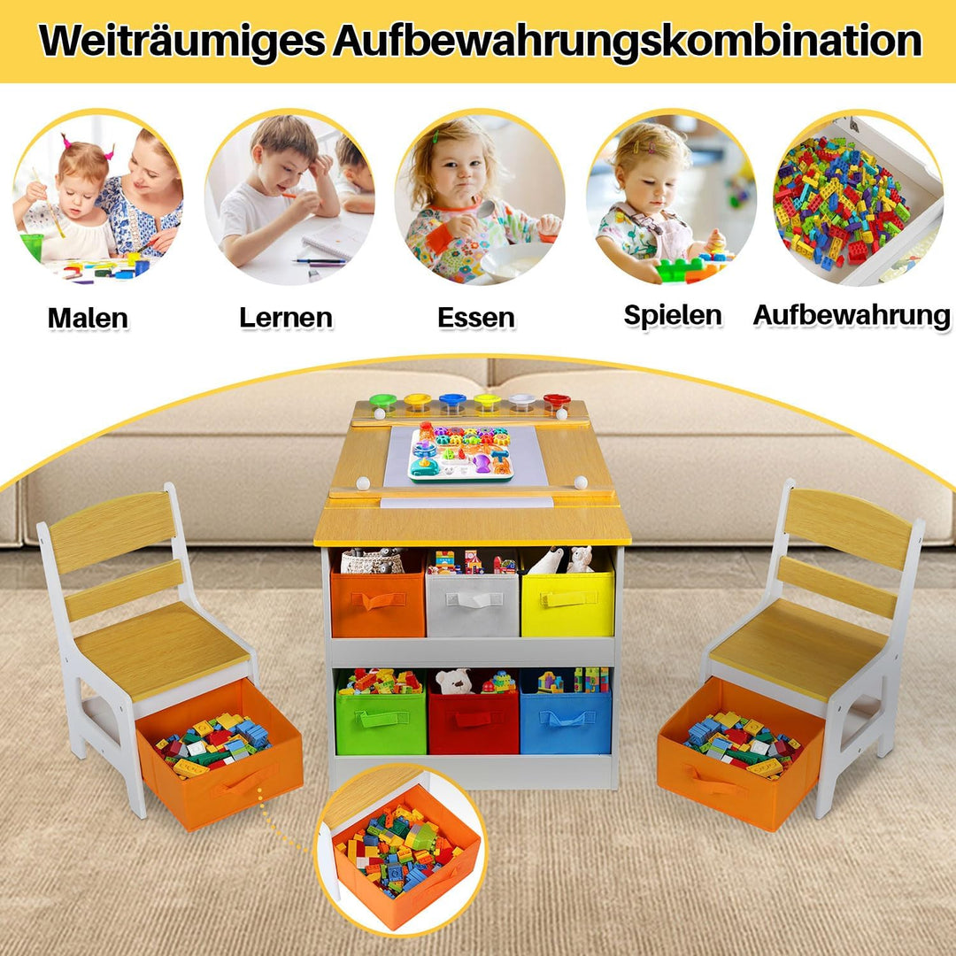 ROCSUMOO Kinder-Kunsttisch-Set mit 2 Stühlen - Holzerner Aktivitätstisch für Kleinkinder mit Verstel