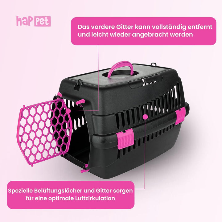 HAPPET Tiertransportbox Teddy M Fuchsia 56x37x37 cm – Robuste, gut belüftete Transportbox für Katzen