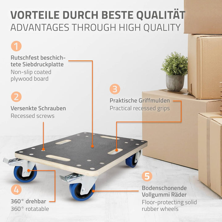 ECD Germany 2er Set Transportroller mit 2X Feststellbremse, 35x50 cm, 800kg Siebdruckplatte, PP-Räde