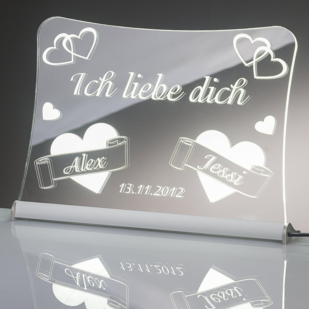 LED Acrylglas Schild"Ich liebe dich", 30x20 cm, mit persönlicher Laser Gravur (weiss), weiss