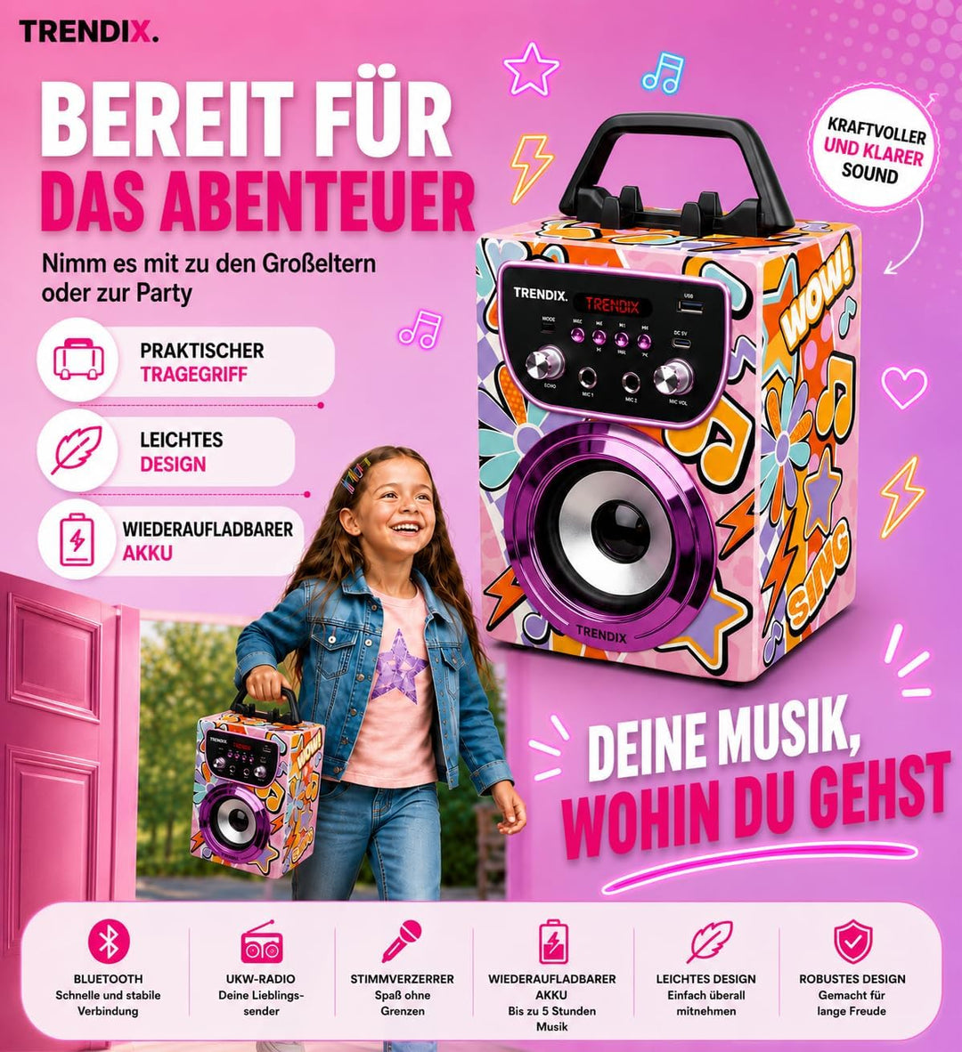 Trendix - Karaoke Maschine Kinder Magic Melody | Karaoke Anlage Mit 2 Mikrofonen | Musikbox Kinder R