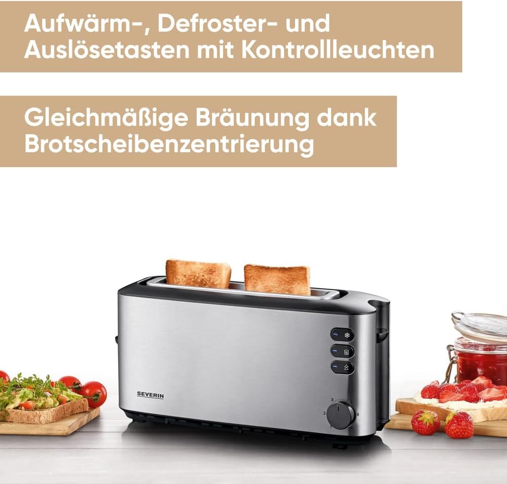 SEVERIN Automatik-Langschlitztoaster, Automatik-Toaster mit Brötchenaufsatz, Edelstahl Toaster zum T