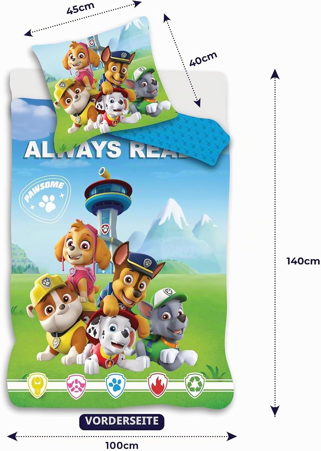 Paw Patrol Grünes Kinderbett-Bettwäsche-Set | Bettbezug 100x140 cm + Kopfkissenbezug 40x45 cm | 100%