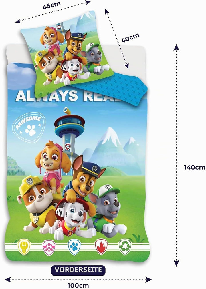 Paw Patrol Grünes Kinderbett-Bettwäsche-Set | Bettbezug 100x140 cm + Kopfkissenbezug 40x45 cm | 100%