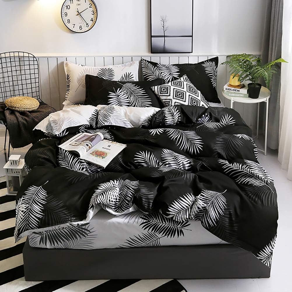 Omela Bettwäsche 155x220 Schwarz Weiss Wendebettwäsche Palmenblätter Muster Bettbezug 2 Teilig Micro