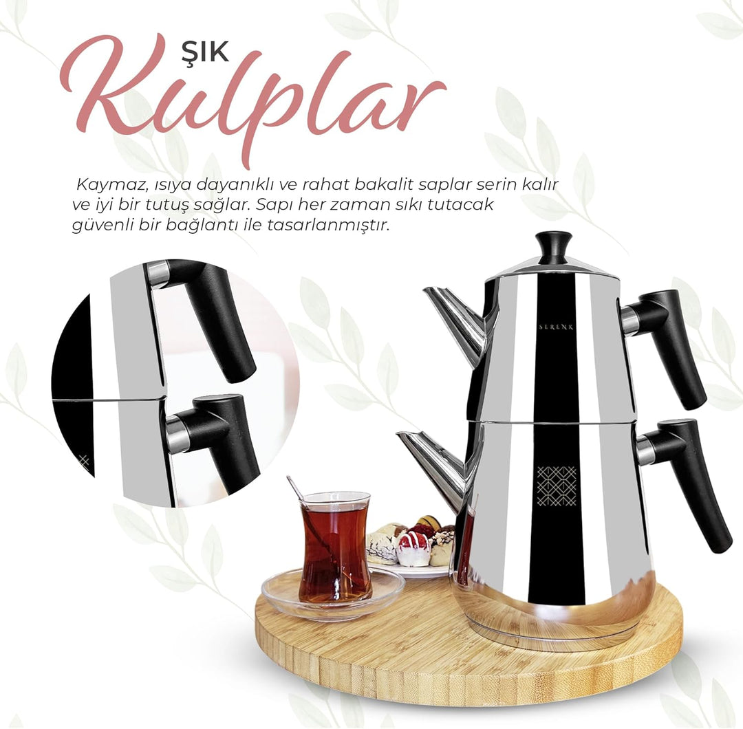 Serenk Edelstahl-Teekannen-Set, 1L & 2L, Doppelstöckig, Induktionsgeeignet, Schwarzer Griff Silber/S