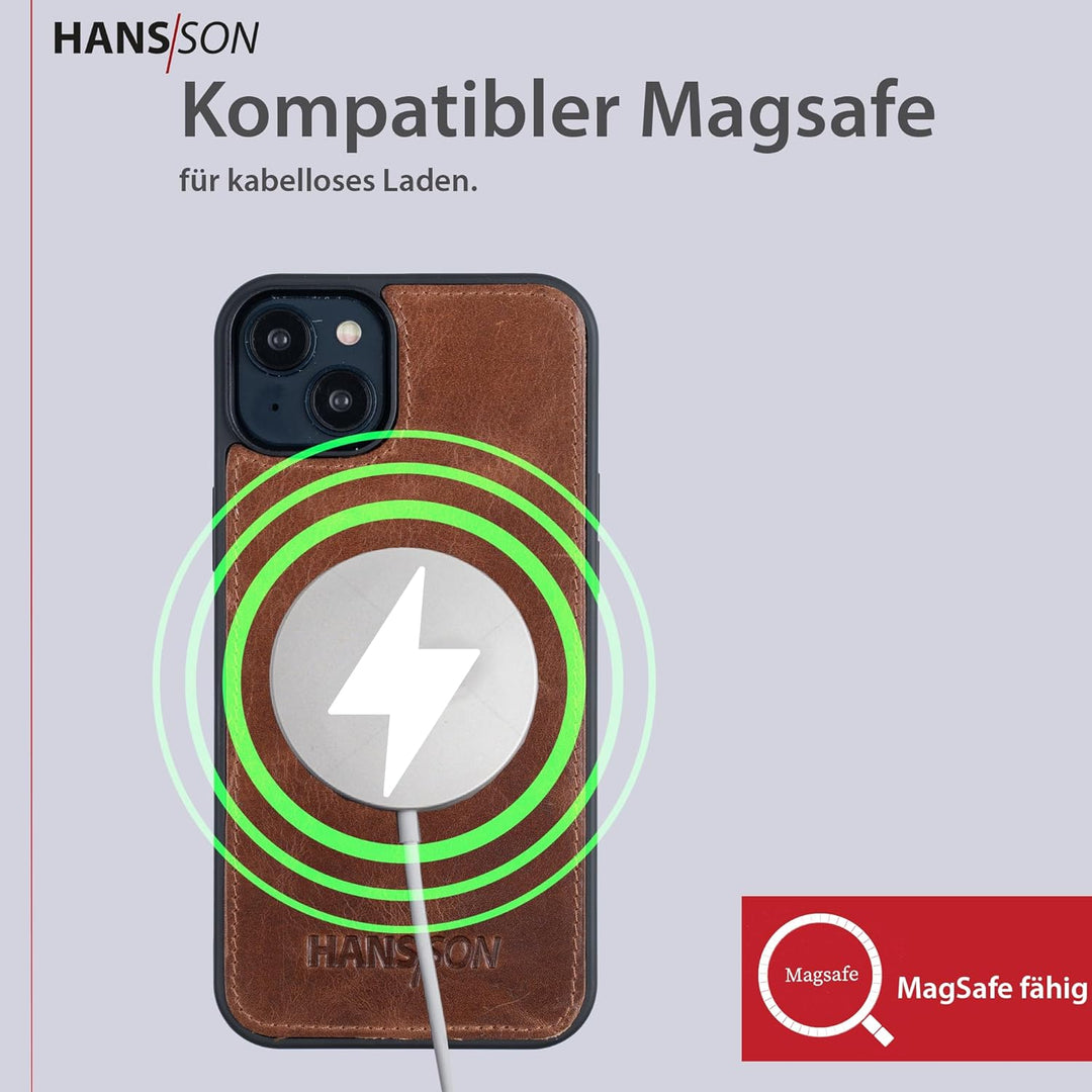 HANS/SON Echtlederhülle in Cognac | iPhone 14 | Schmales Ledercase | Stossfest | Langlebig | 6,1 Zol