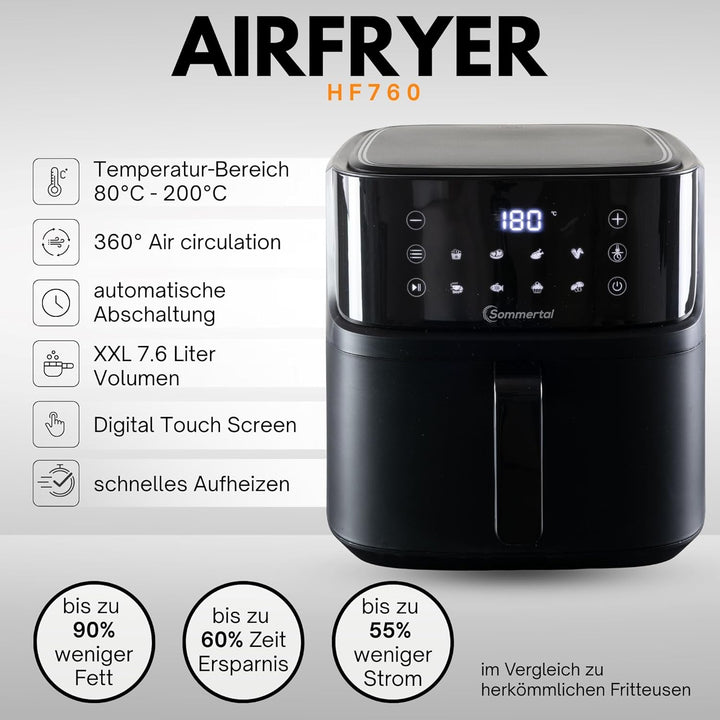 Sommertal HF760 – XXL Airfryer 7,6L für 12 Portionen, spart bis zu 55% Energie, 2000W Power, digital