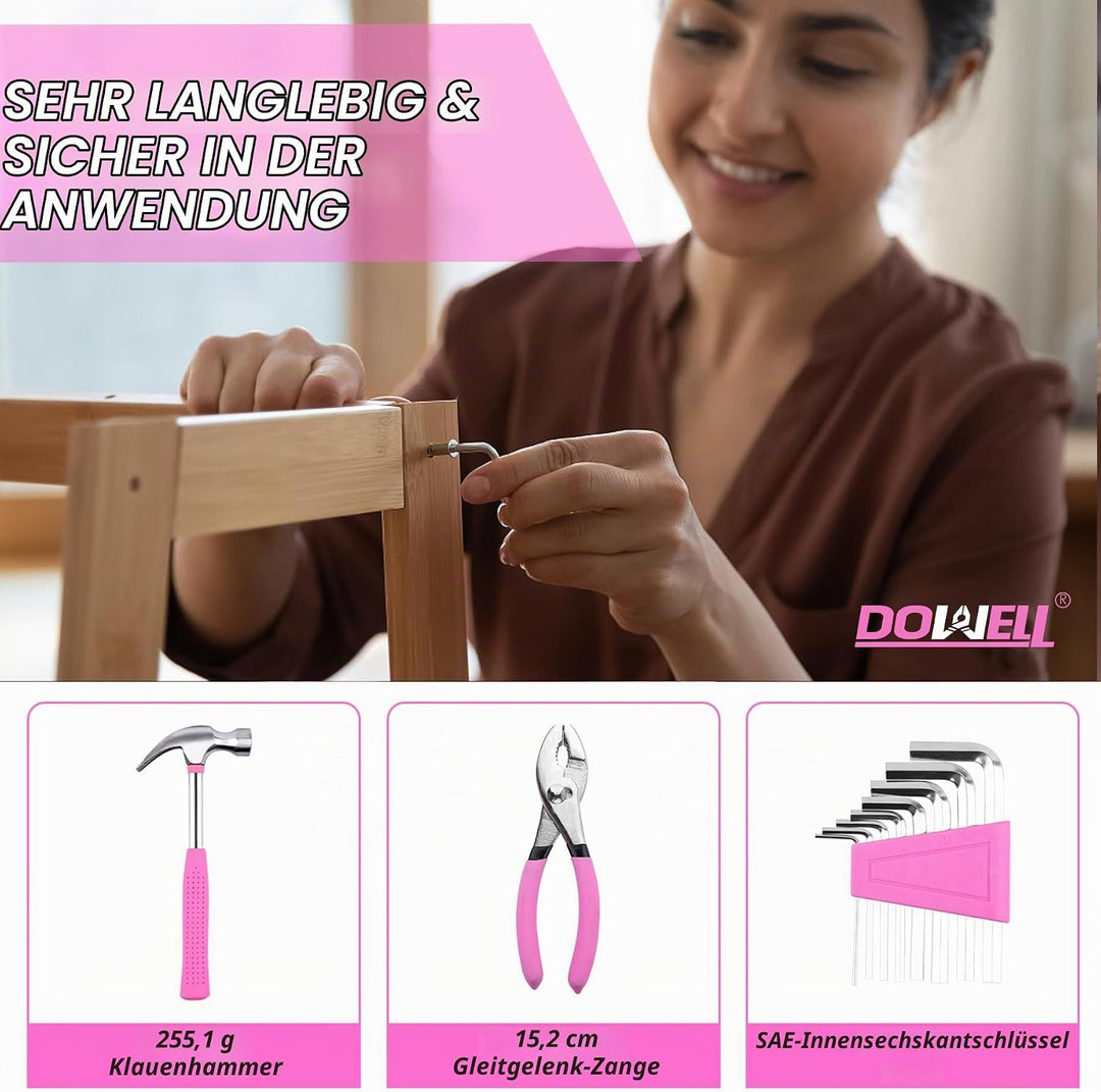 DOWELL 40 Stück Heimwerkzeugsatz Allgemeines Haushaltshand-Pink-Werkzeugset mit Kunststoff-Werkzeugk