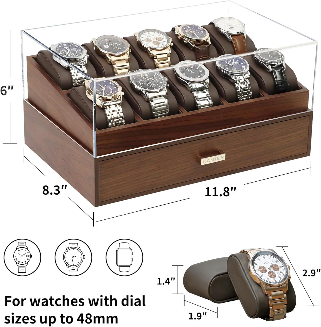 KAMIER Edle Uhrenbox Herren mit 10 Fächern, 2 Ebenen, Acryl-Deckel, Schublade & herausnehmbaren Kiss