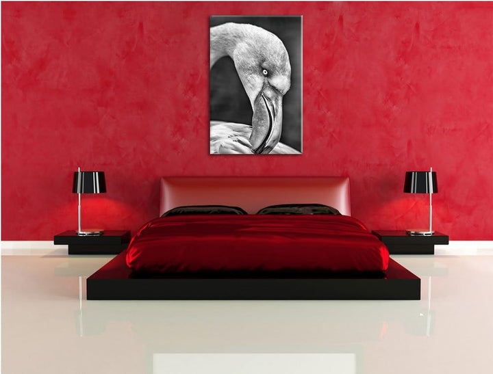 Pixxprint Flamingo beim Putzen als Leinwandbild/Grösse: 100x70 cm/Wandbild/Kunstdruck/fertig bespann