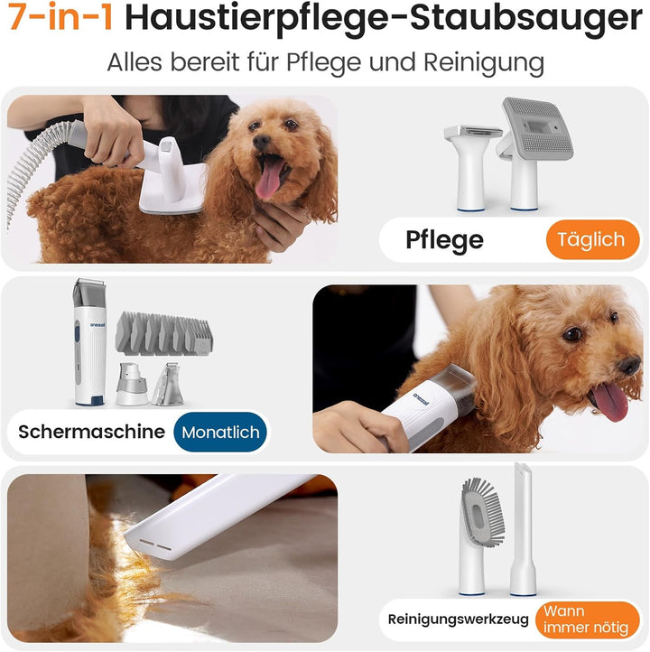 oneisall Hundeschermaschine mit Tierhaar Staubsauger, 7in 1 Profi Haustierpflegeset, leise Schermasc