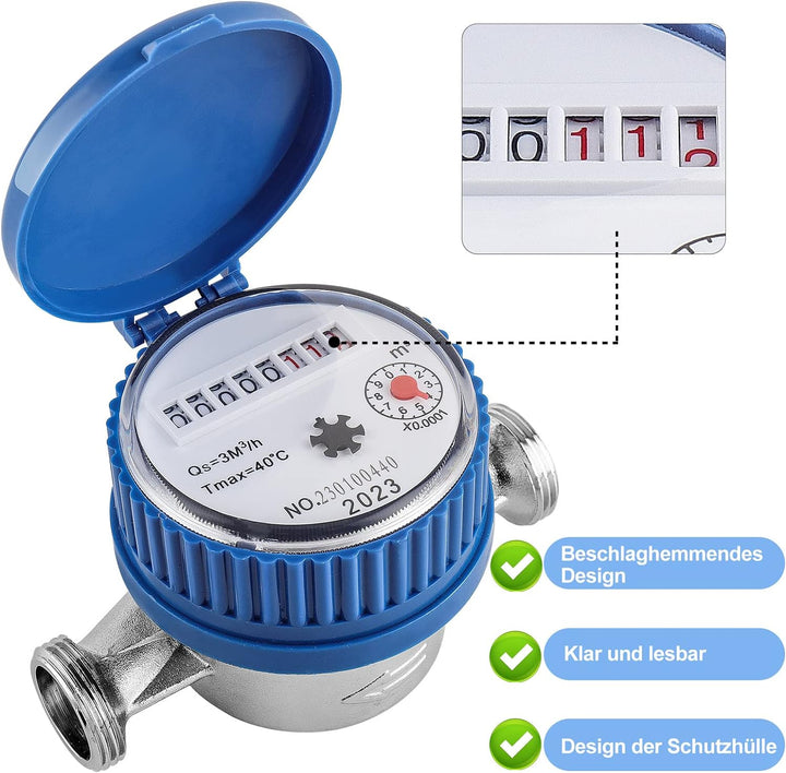 ColdShine Wasserzähler 1/2" Anschlussgewinde Einkanal-Trockenwasserzähler Wasseruhr Garten Kaltwasse