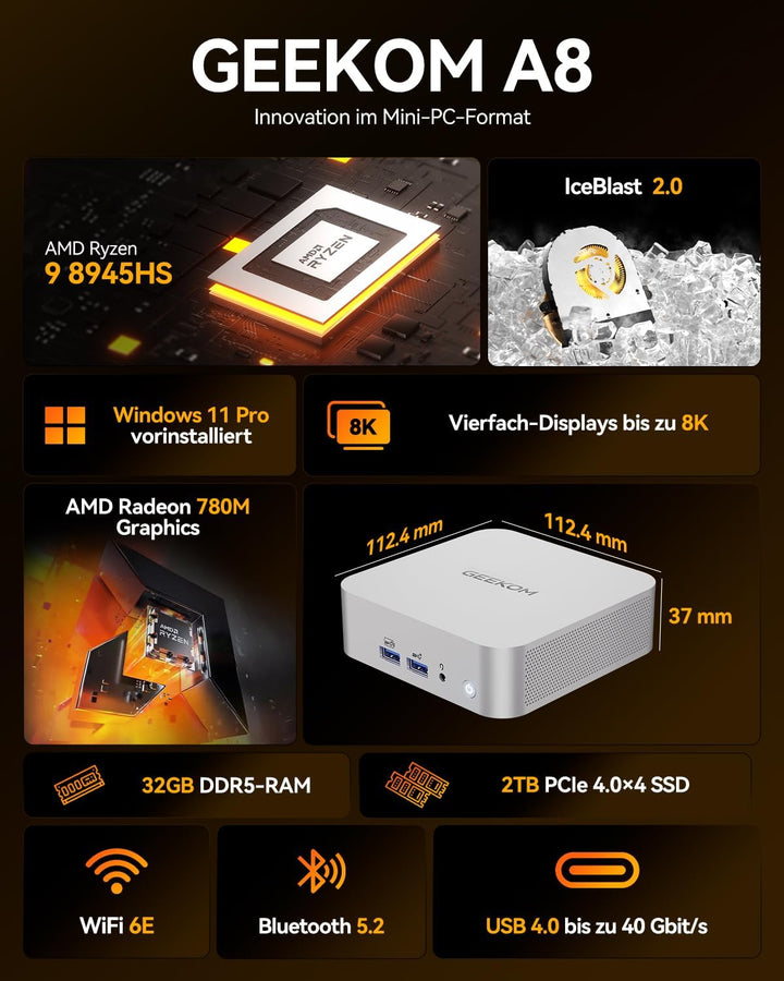 GEEKOM A8 Mini PC, AMD Ryzen 9 8945HS (8 Kerne 16 Threads, bis zu 5,2 GHz) Mini Gaming PC Windows 11