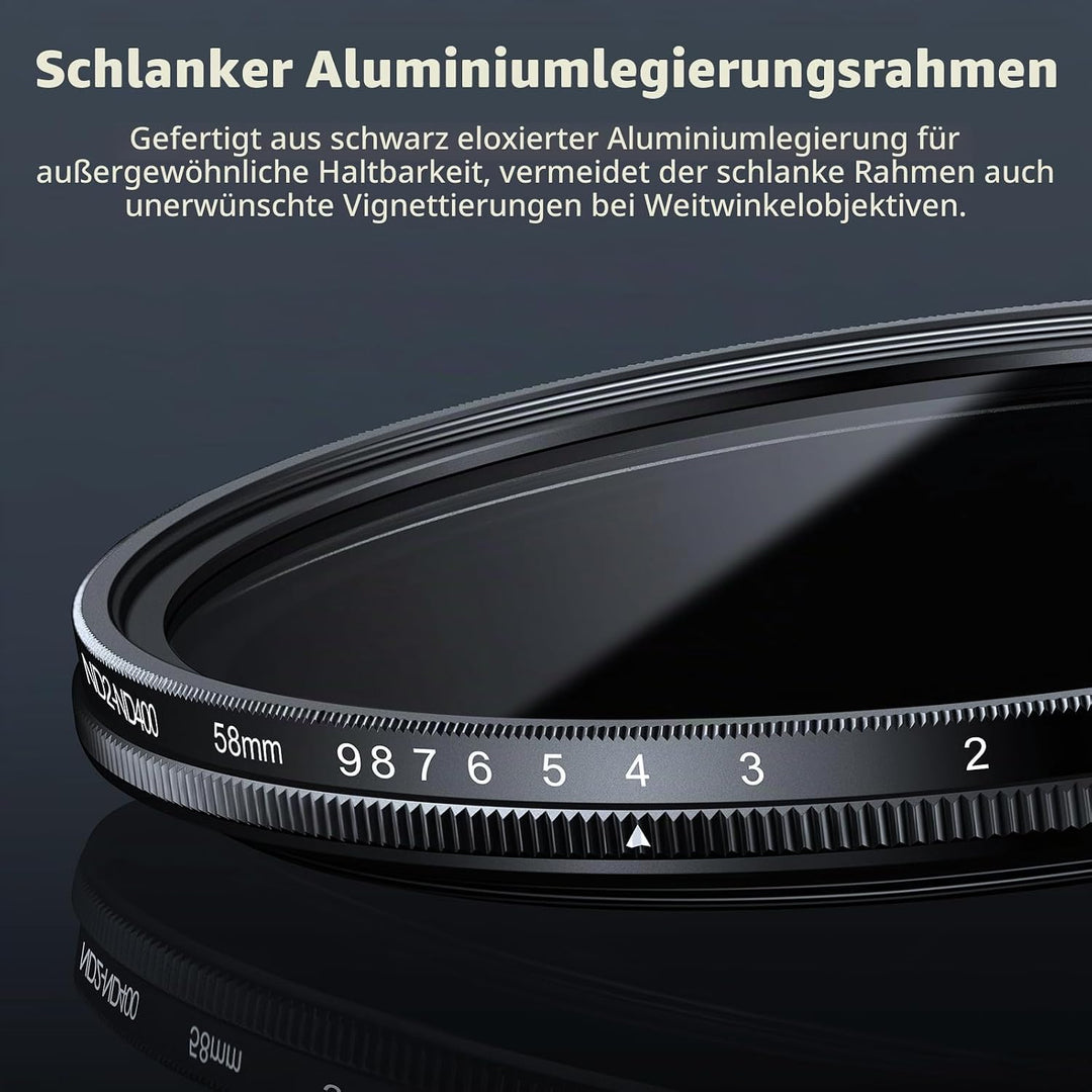 NEEWER BASICS 58mm variabler ND Filter, ND2-400 1-9 Stops Lichtreduzierung, drehbarer variabler Grau