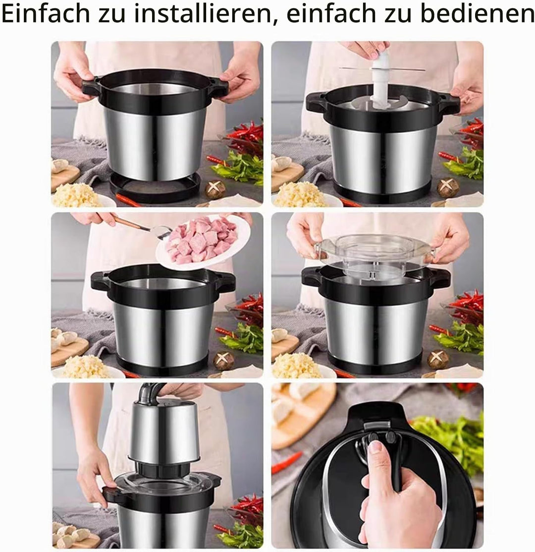 6L Zerkleinerer Küche Elektrisch,1000W Fleischwolf Elektrisch,2 Geschwindigkeitsstufen,4-Edelstahlkl