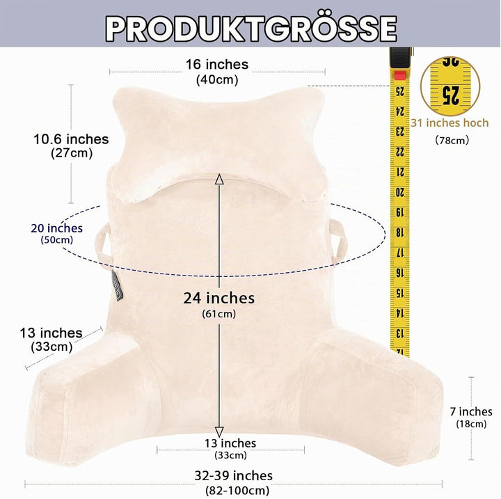 SLIGUY Lesekissen, Extra gross 78,7 cm,Bettruhekissen mit Abnehmbarer Nackenrolle und Armen zum Sitz