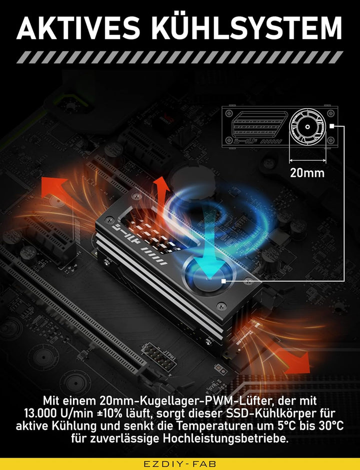 EZDIY-FAB Shield M.2 SSD-Kühlkörper mit eingebautem 20mm PWM-Lüfter, Premium-Aluminium-Design, Hochl